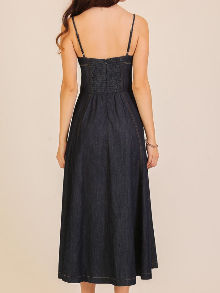 Dark Wash Denim Bustier Midi Dress