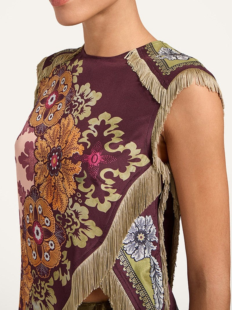 Burgundy Boho Floral Scarf Top with Fringe
