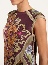 Burgundy Boho Floral Scarf Top with Fringe
