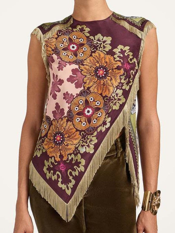 Burgundy Boho Floral Scarf Top with Fringe