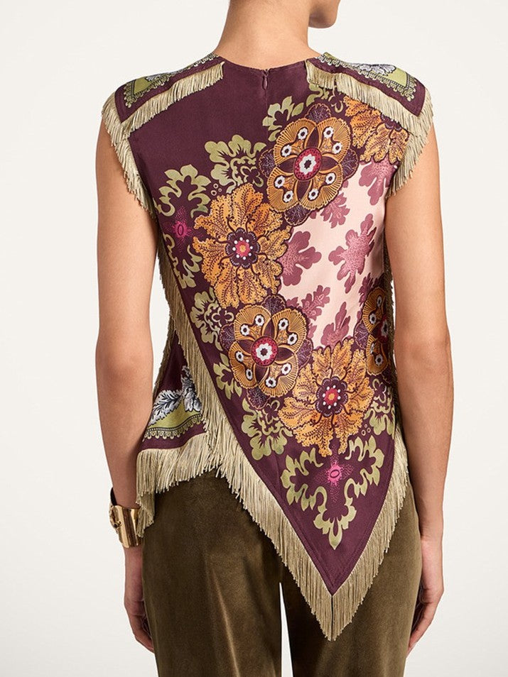 Burgundy Boho Floral Scarf Top with Fringe