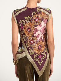 Burgundy Boho Floral Scarf Top with Fringe