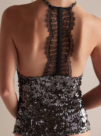 Black Sequin Lace Halter Top – Evening Statement Top