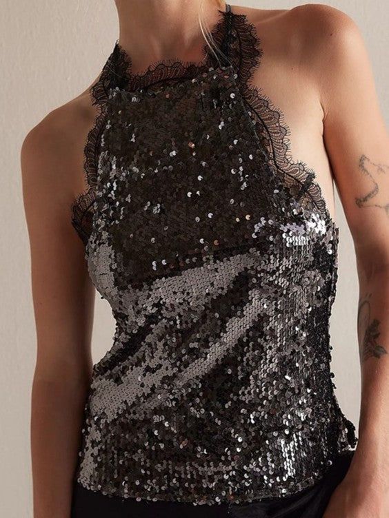 Black Sequin Lace Halter Top – Evening Statement Top