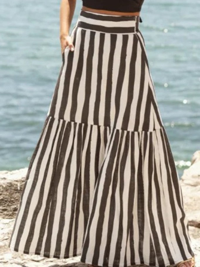 Chocolate & Ivory Striped Tiered Maxi Skirt | Resort Skirt