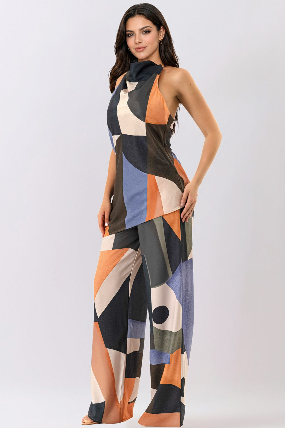 Blue Brown Modern Abstract Print Wide Leg Pant