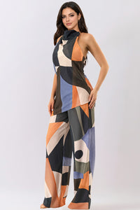 Blue Brown Modern Abstract Print Wide Leg Pant