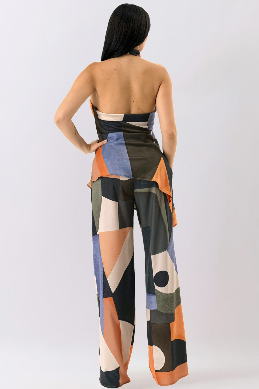 Blue Brown Modern Abstract Print Wide Leg Pant
