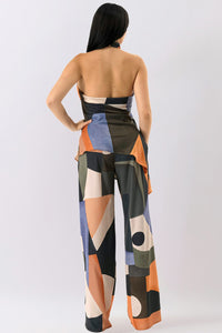 Blue Brown Modern Abstract Print Wide Leg Pant