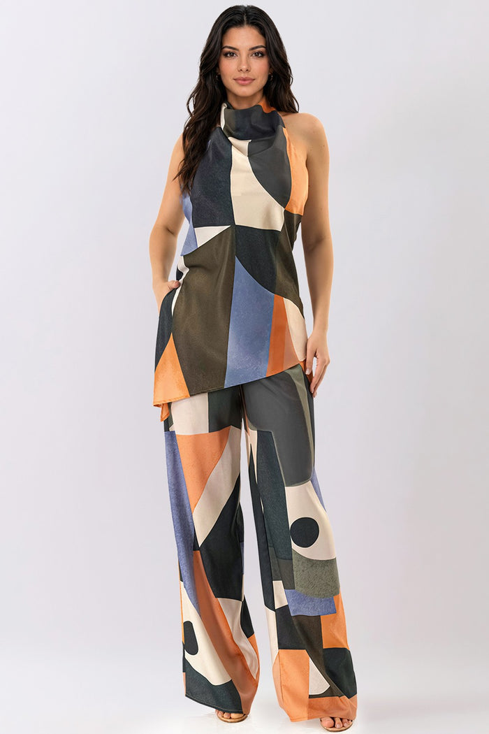 Blue Brown Modern Abstract Print Halter Top