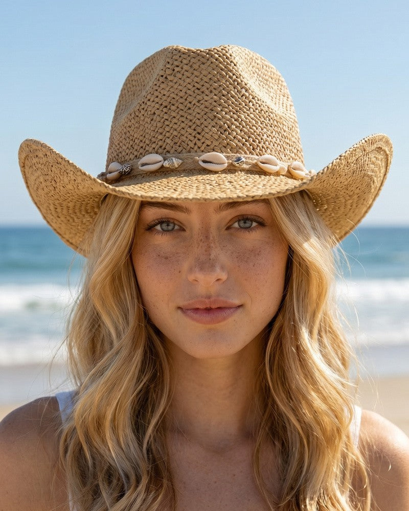 Natural Straw Cowboy Hat with Cowrie Shell Band