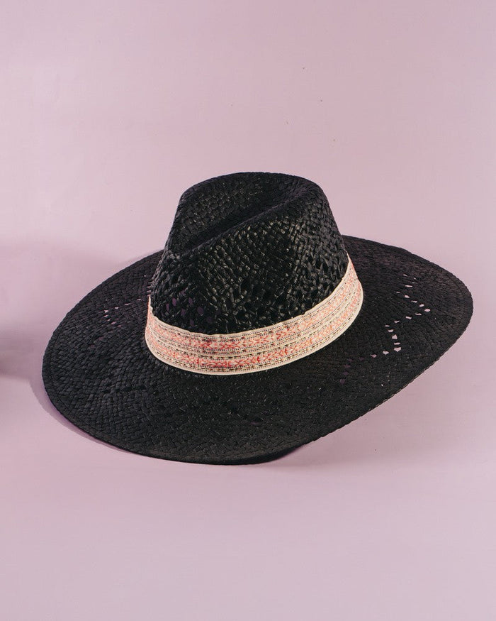 Black Woven Ribbon Detail Wide Brim Fedora Sun Hat