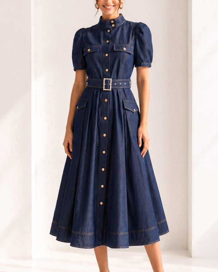 Pearl Buckle Dark Denim Midi Dress