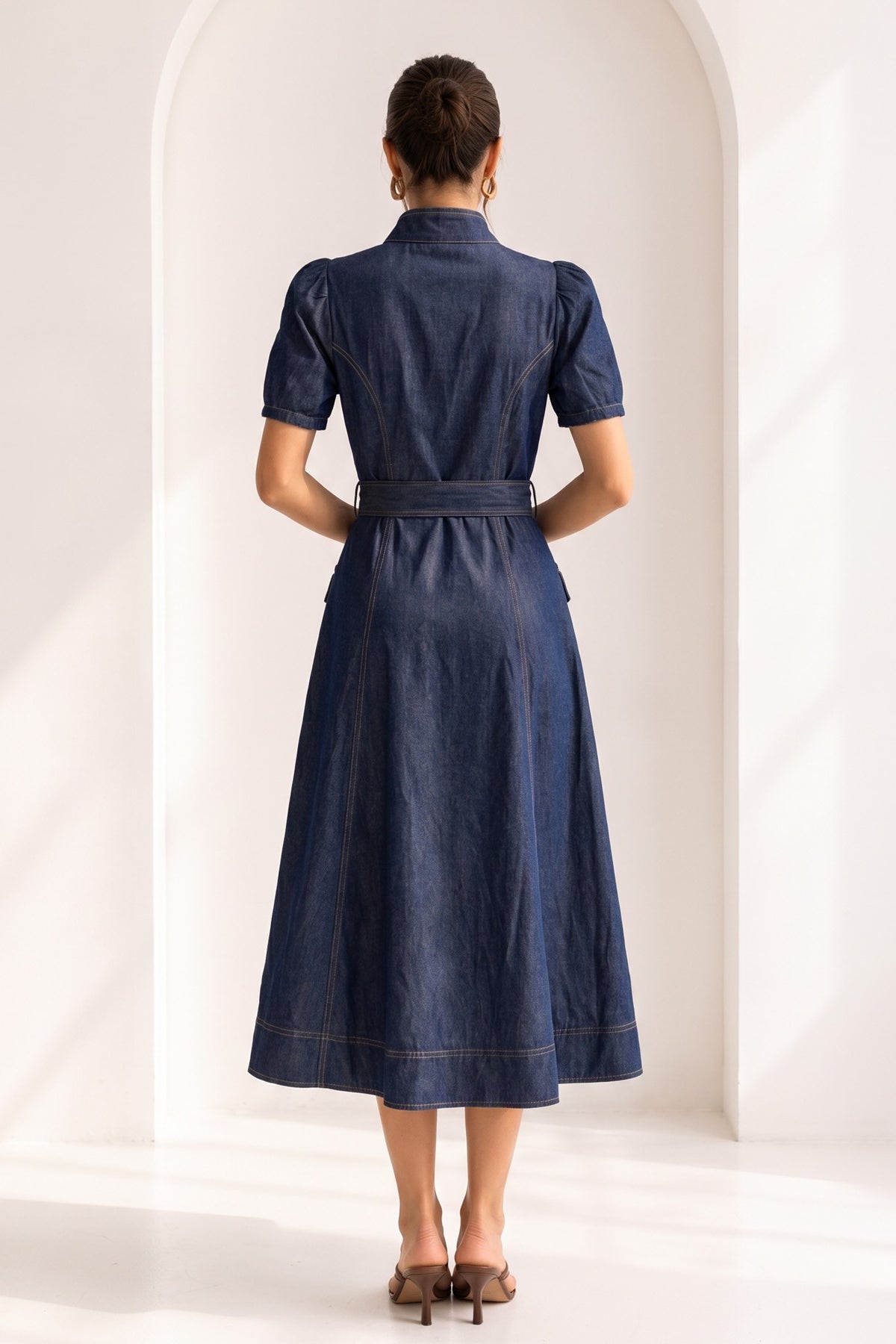 Pearl Buckle Dark Denim Midi Dress
