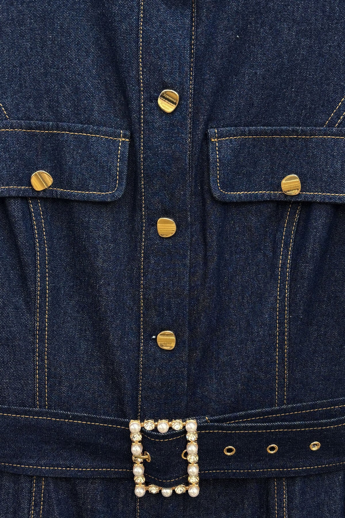 Pearl Buckle Dark Denim Midi Dress