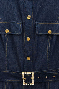 Pearl Buckle Dark Denim Midi Dress