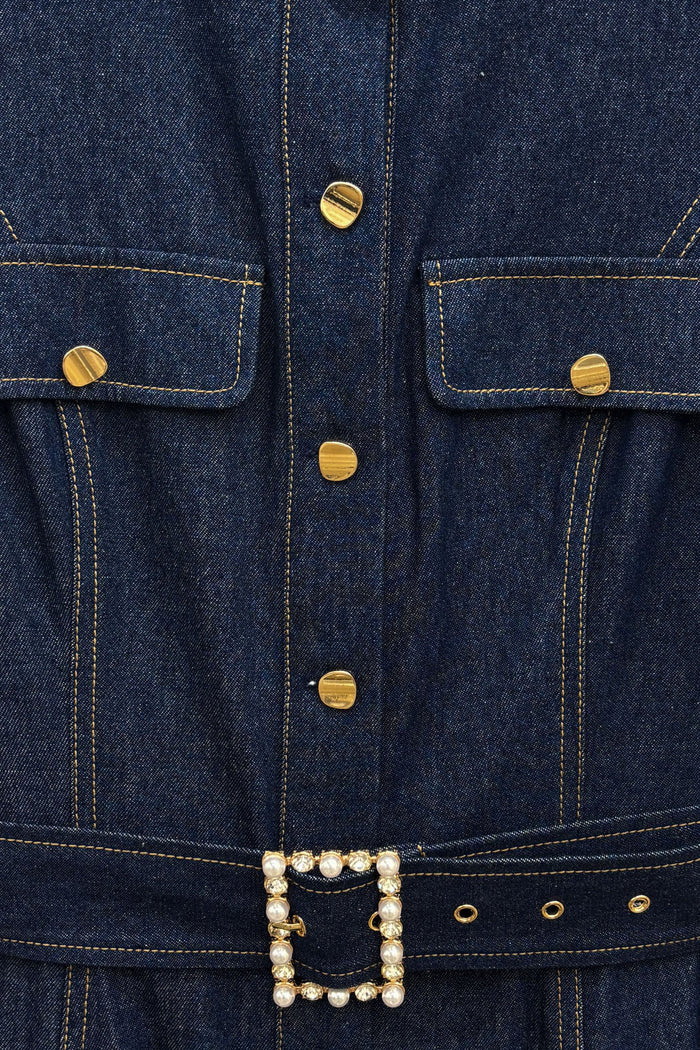 Pearl Buckle Dark Denim Midi Dress