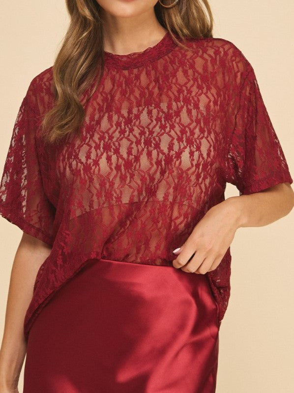 Burgundy Floral Lace Short-Sleeve Top