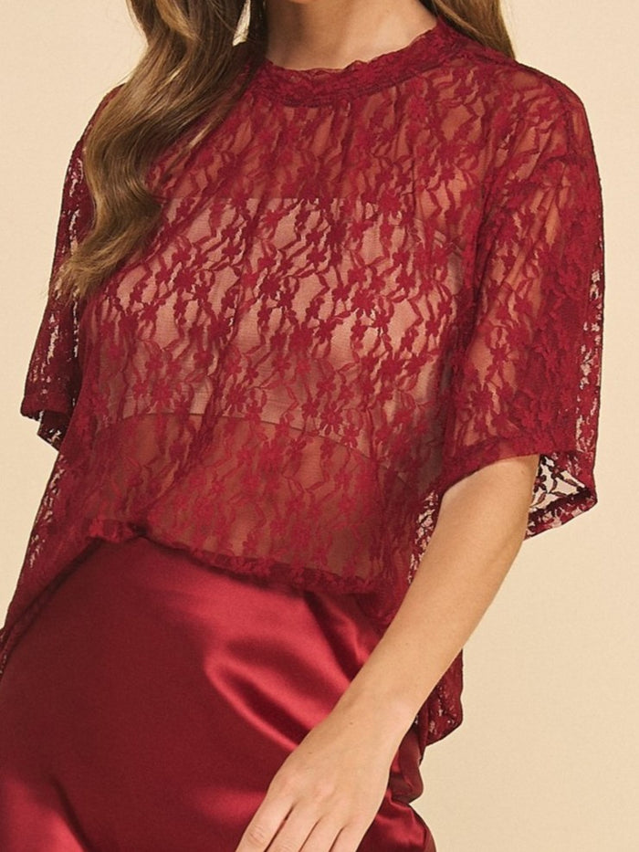 Burgundy Floral Lace Short-Sleeve Top