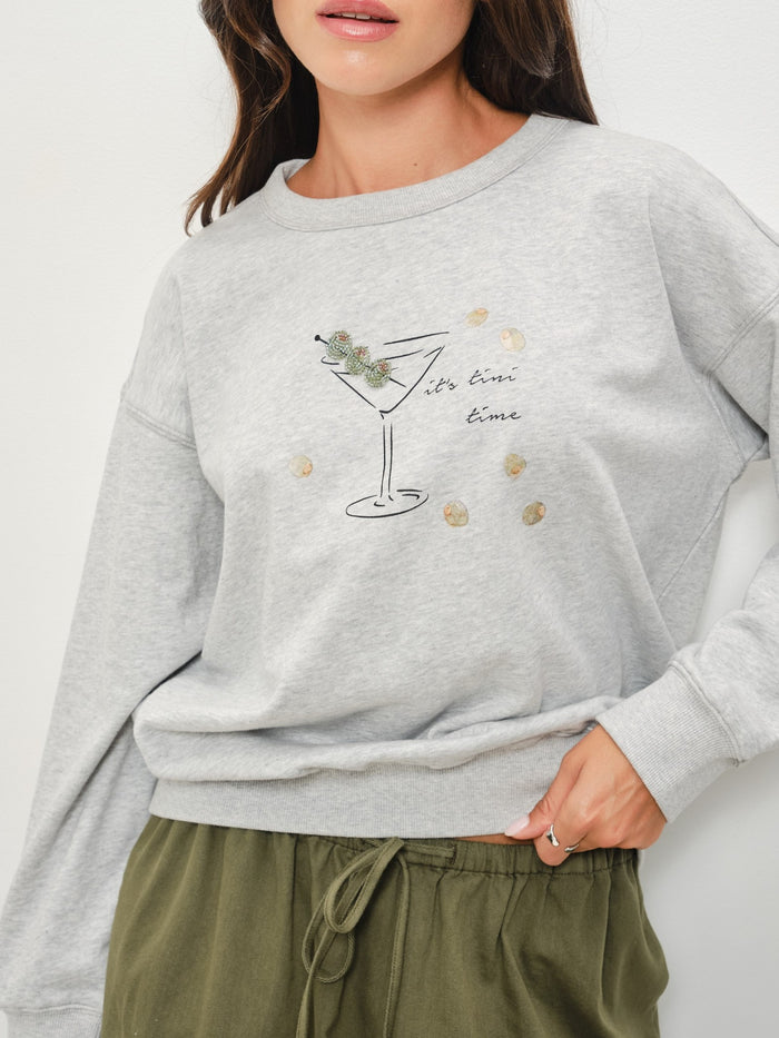 Heather Grey Beaded Martini Graphic Sweater
