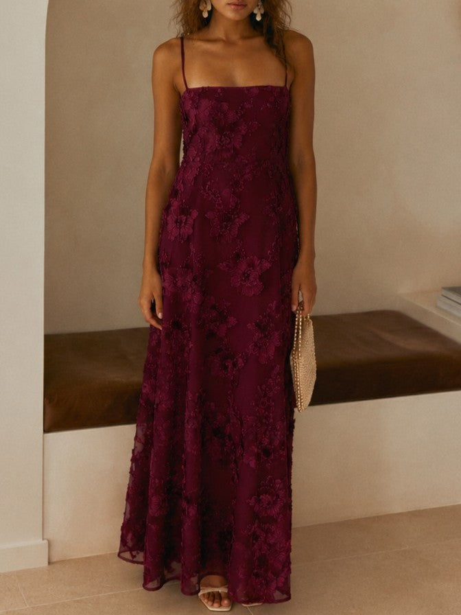 Burgundy Floral Lace Maxi Dress