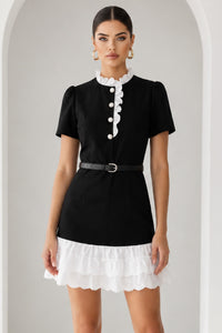 Black With Pearl Button Contrast Ruffle Mini Dress