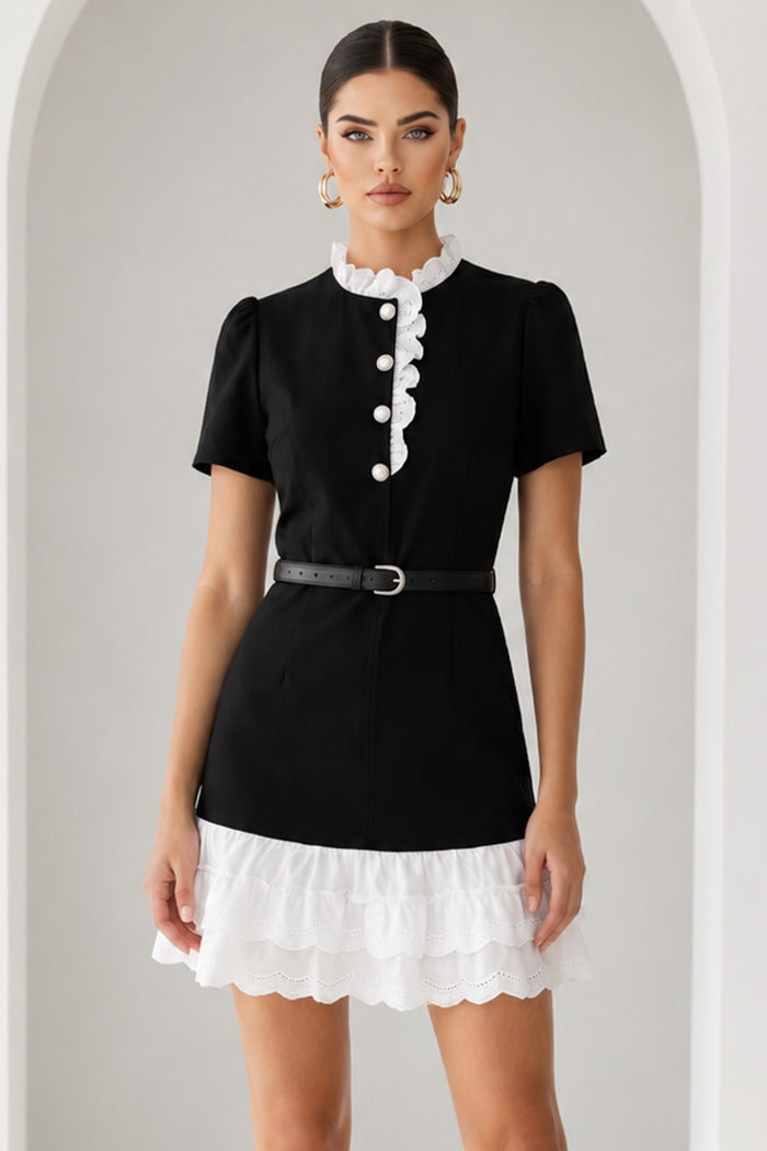 Black With Pearl Button Contrast Ruffle Mini Dress