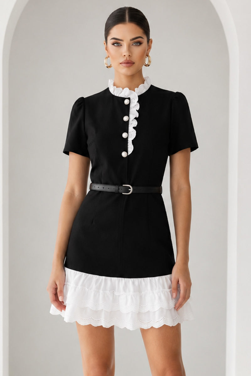 Black With Pearl Button Contrast Ruffle Mini Dress