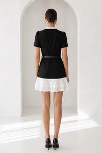 Black With Pearl Button Contrast Ruffle Mini Dress