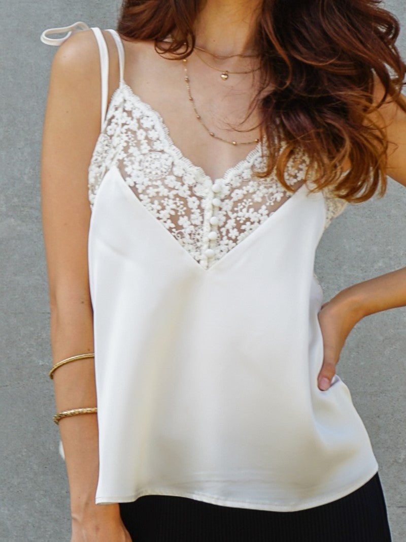 Satin Lace V-Neck Camisole Top | Black & Ivory