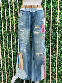 Plaid Patch Detail Wide Leg Denim