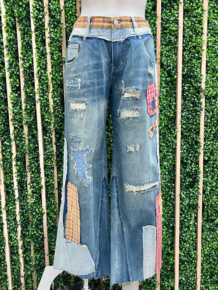 Plaid Patch Detail Wide Leg Denim