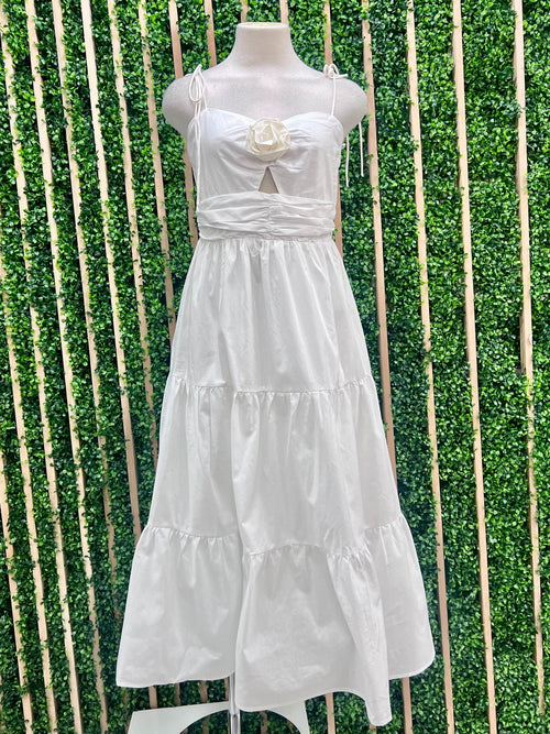 White Rosette Detail Midi Dress