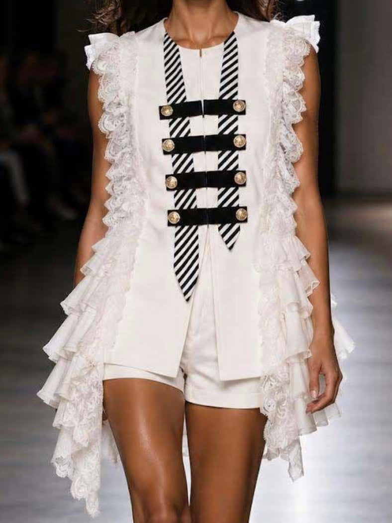 Statement Lace Military-Inspired Ruffle Vest