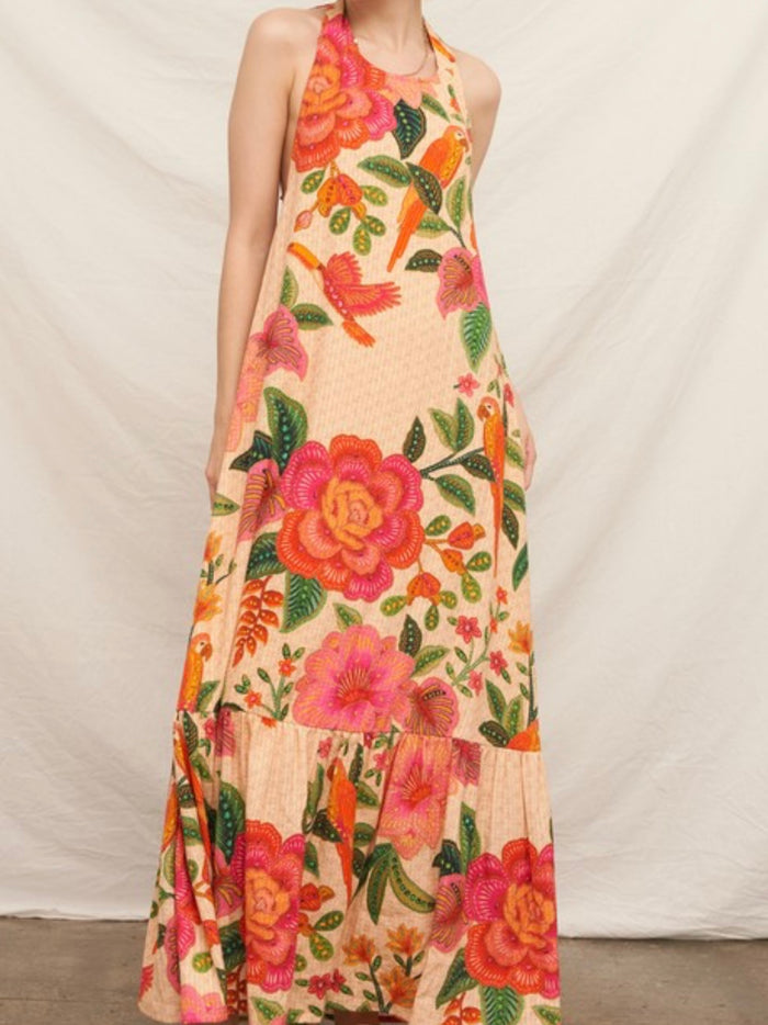Peach Multi Floral Paisley Halter Maxi Dress