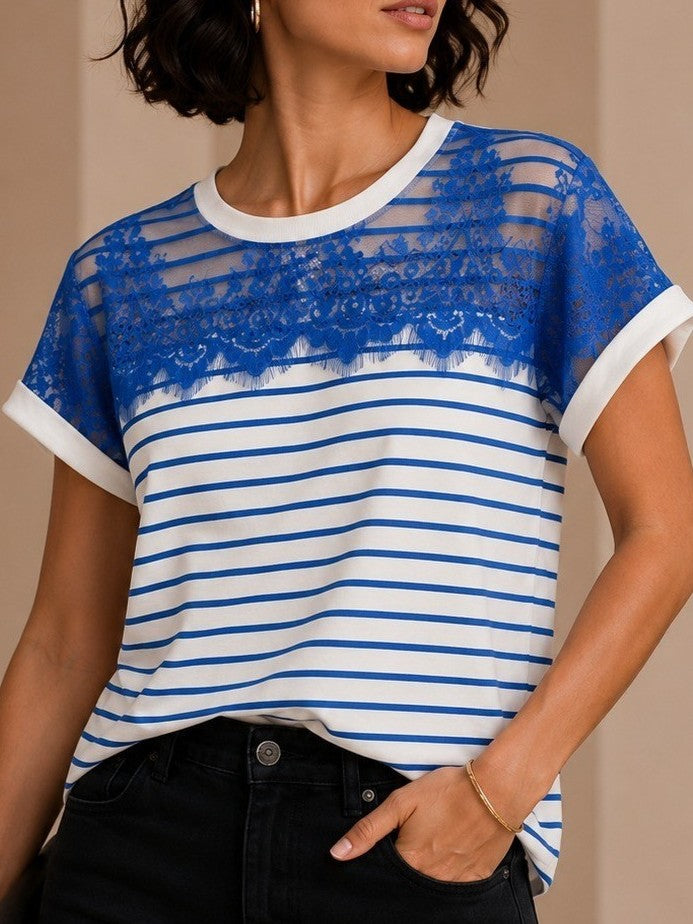 Blue Stripe Lace Detail T-Shirt