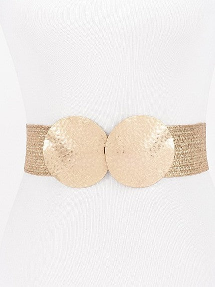 Gold Stretch Belt with Hammered Double Disc Buckle