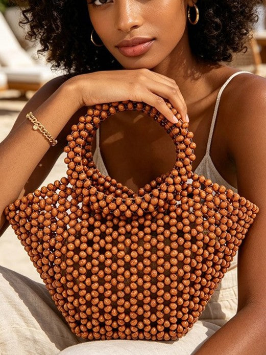 Wood Beaded Top Handle Handbag – Natural Brown