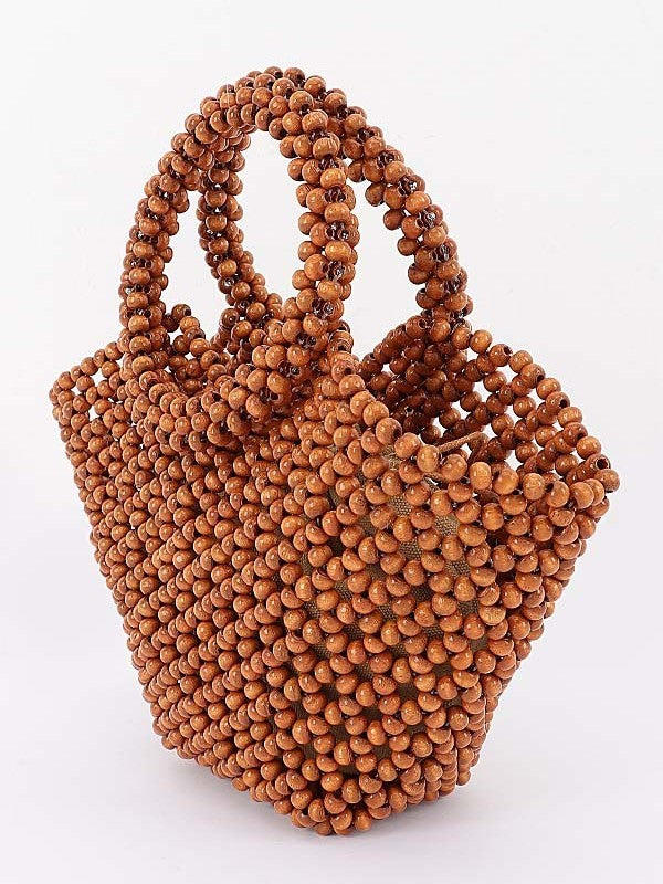 Wood Beaded Top Handle Handbag – Natural Brown