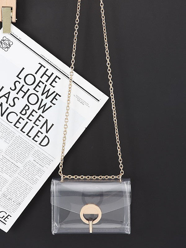 Round Brooch Clear Transparent Crossbody Bag with Gold Chain