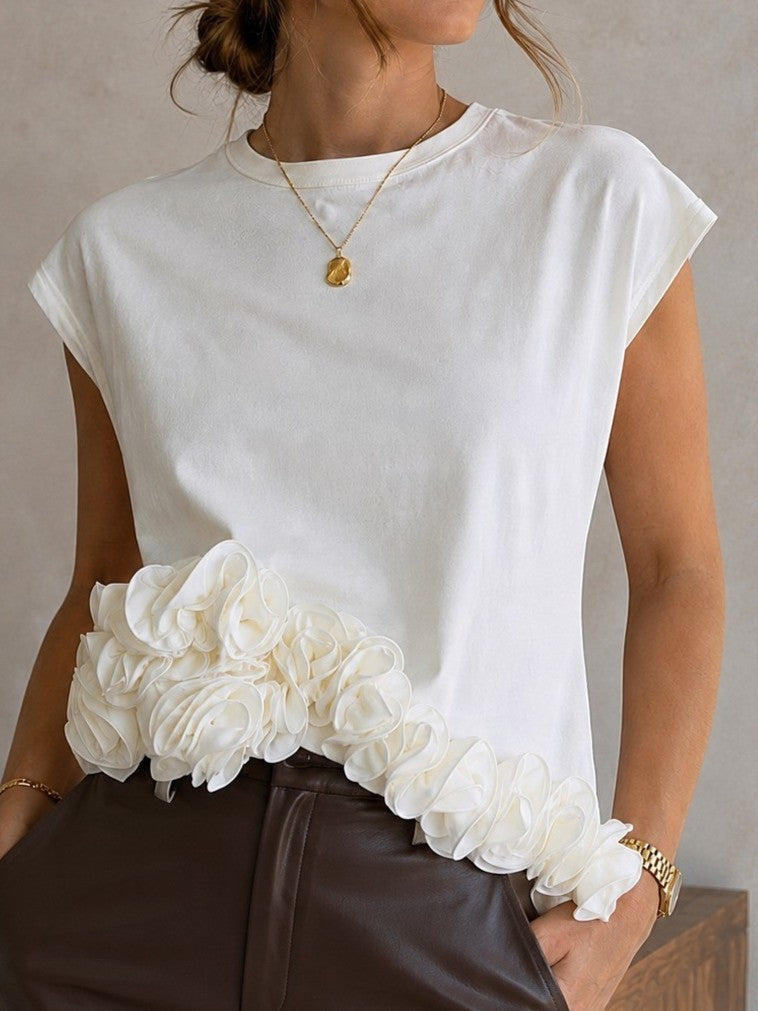 3D Floral Appliqué Trim Crop Shirt