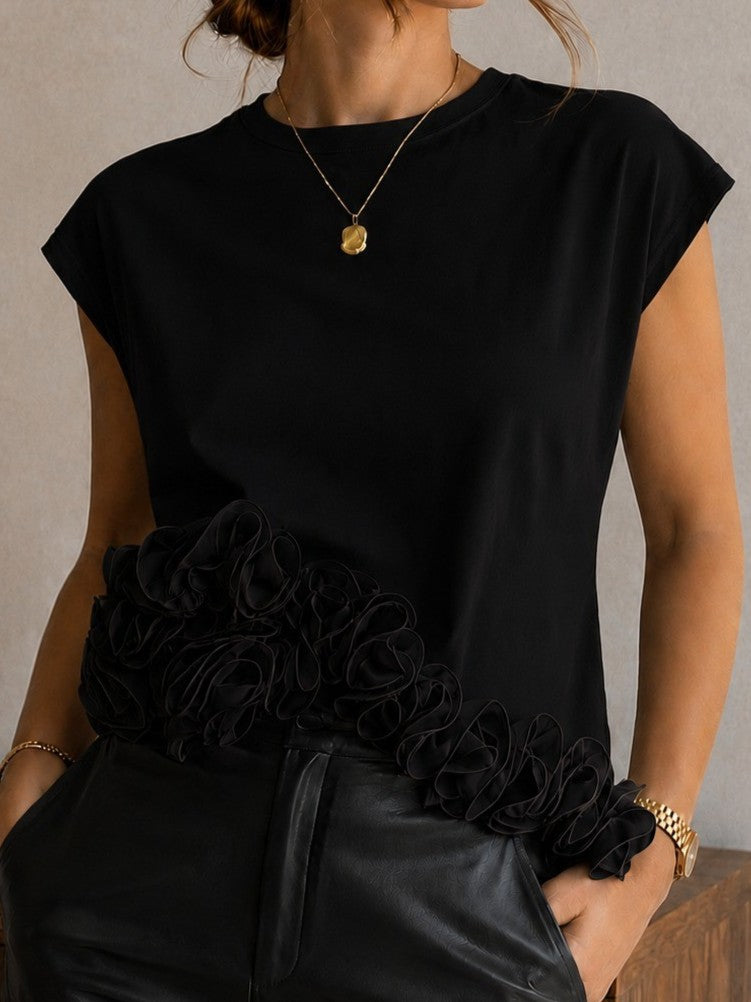 3D Floral Appliqué Trim Crop Shirt