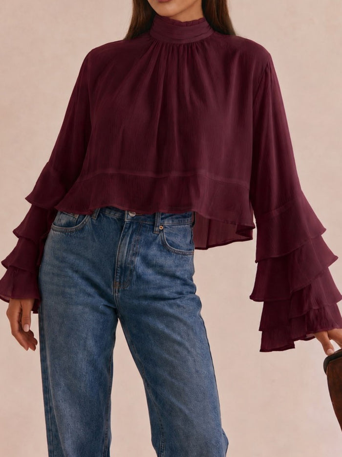 Burgundy Tiered Ruffle Sleeve Blouse