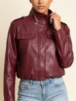 Burgundy Faux Leather Utility Bomber Jacket