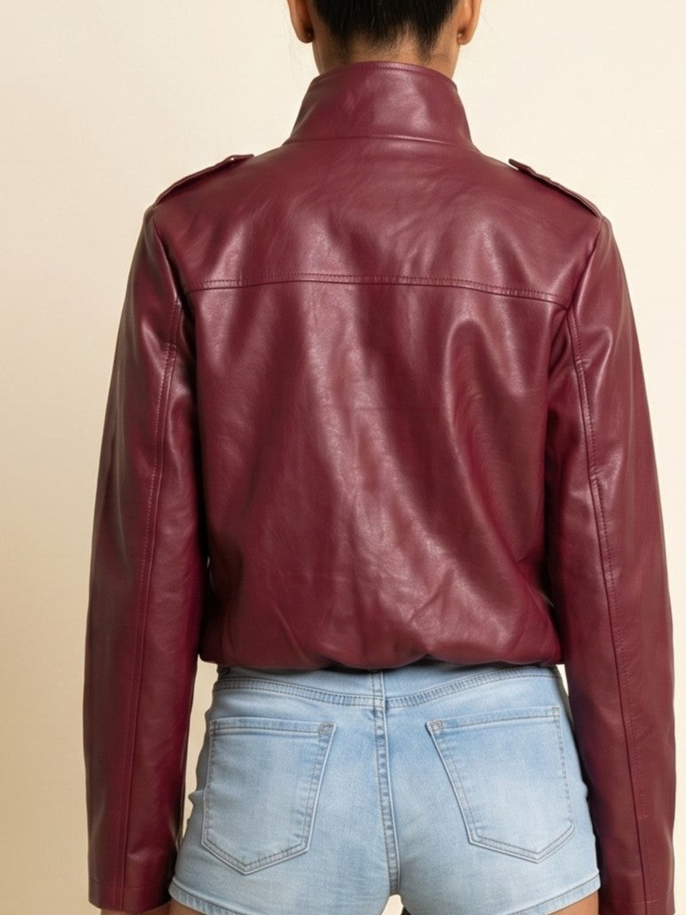 Burgundy Faux Leather Utility Bomber Jacket