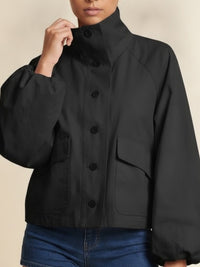 Black High-Neck Utility Jacket with Balloon Sleeves