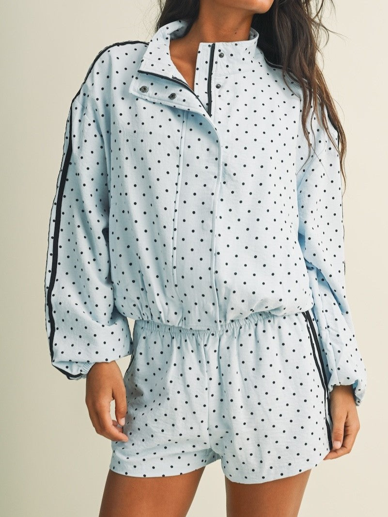 Light Blue Polka Dot Zip Jacket & Shorts Set