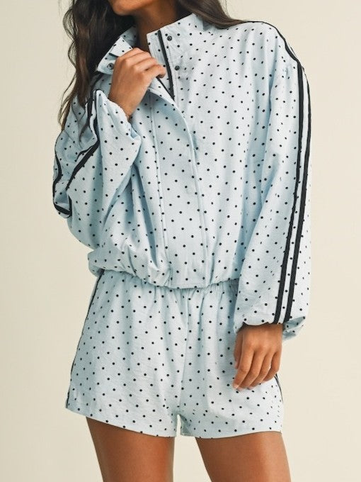 Light Blue Polka Dot Zip Jacket & Shorts Set