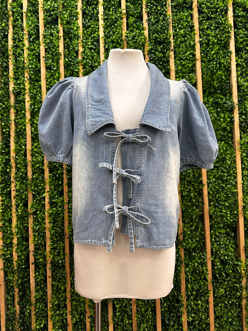 Peter Pan Collar Front Tie Denim Blouse