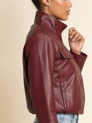 Burgundy Faux Leather Utility Bomber Jacket